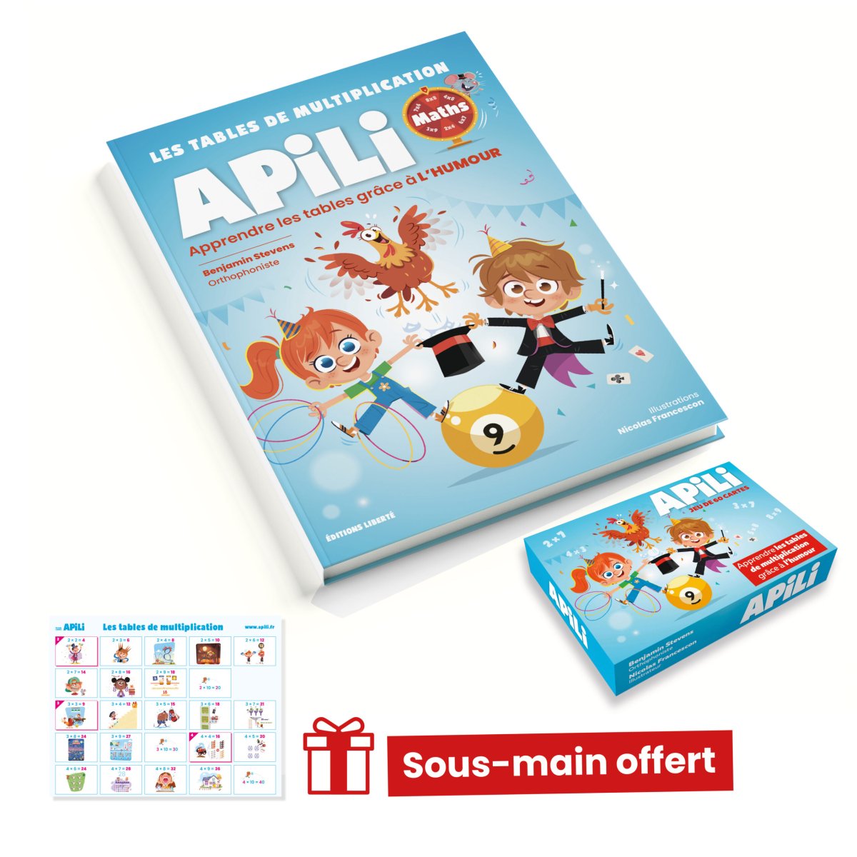 Pack DUO Tables de Multiplication Apili – 1 Livre + 1 Jeu de Cartes + sous main offert